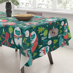 Besties // green background white Yeti brown Bigfoot aqua yellow green and teal pine trees red and coral details Tablecloth Gallery Image 3