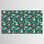 Besties // green background white Yeti brown Bigfoot aqua yellow green and teal pine trees red and coral details Tablecloth Gallery Image 2