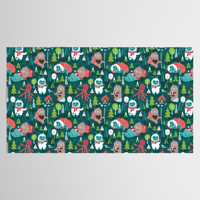 Besties // green background white Yeti brown Bigfoot aqua yellow green and teal pine trees red and coral details Tablecloth Gallery Image 2