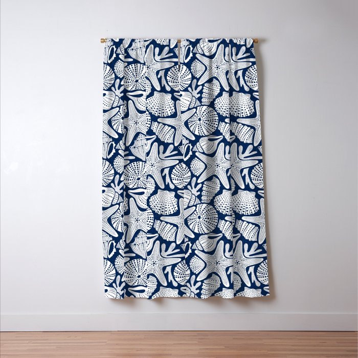 Ocean Floor Nautical Shells Navy Blue Window Curtain Gallery Image 3
