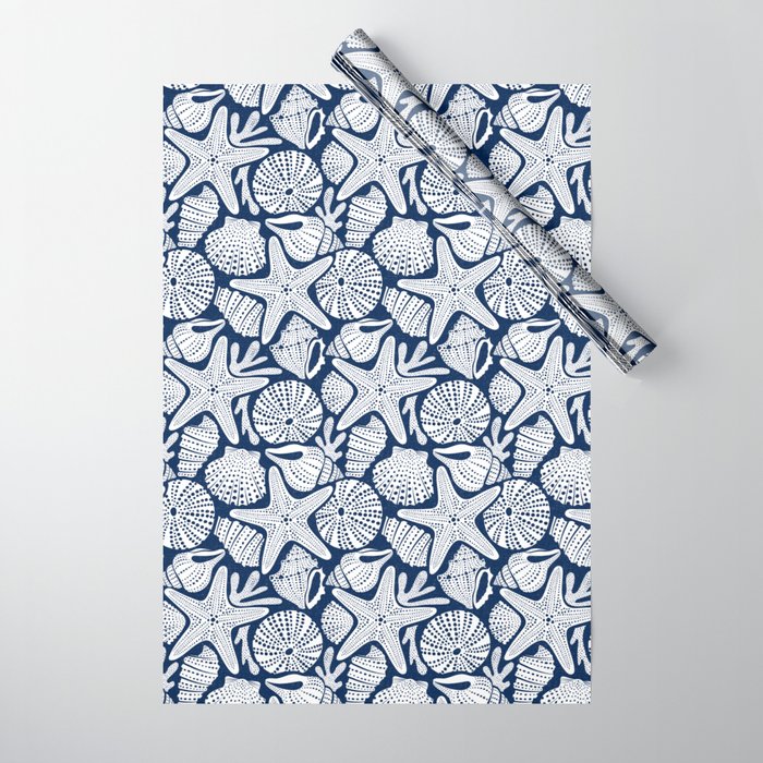 Ocean Floor Nautical Shells Navy Blue Wrapping Paper Gallery Image 1