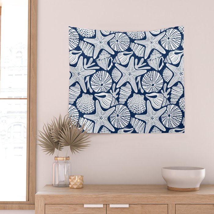 Ocean Floor Nautical Shells Navy Blue Wall Tapestry Gallery Image 2