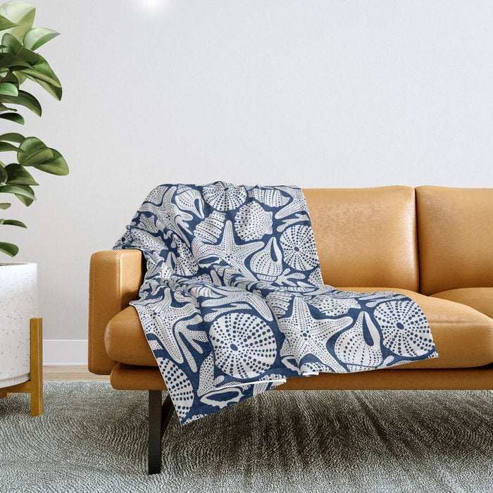 Ocean Floor Nautical Shells Navy Blue Throw Blanket Gallery Image 1