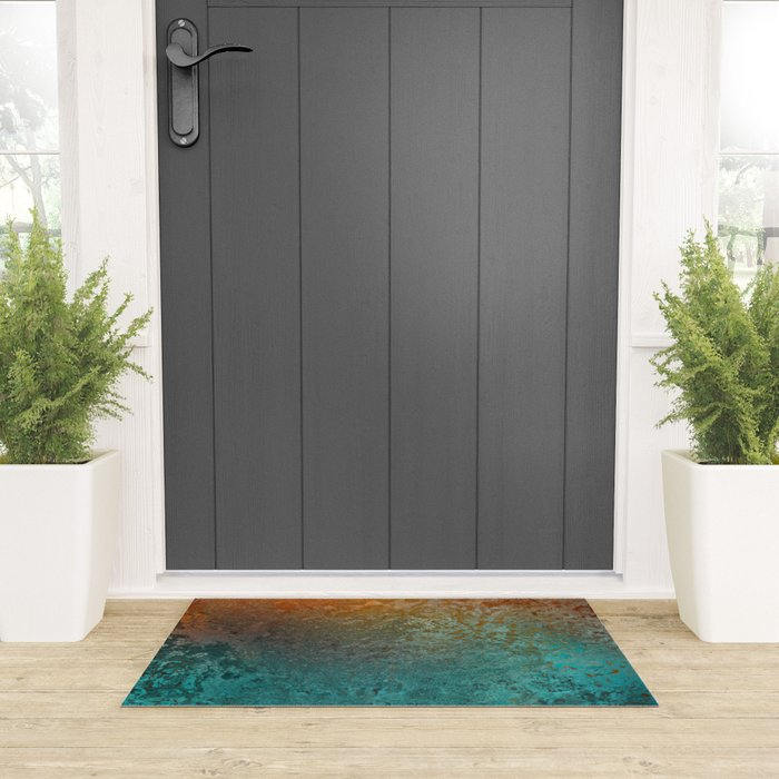 Teal and Copper Rust in Vintage Aesthetic Grunge Welcome Mat Gallery Image 3