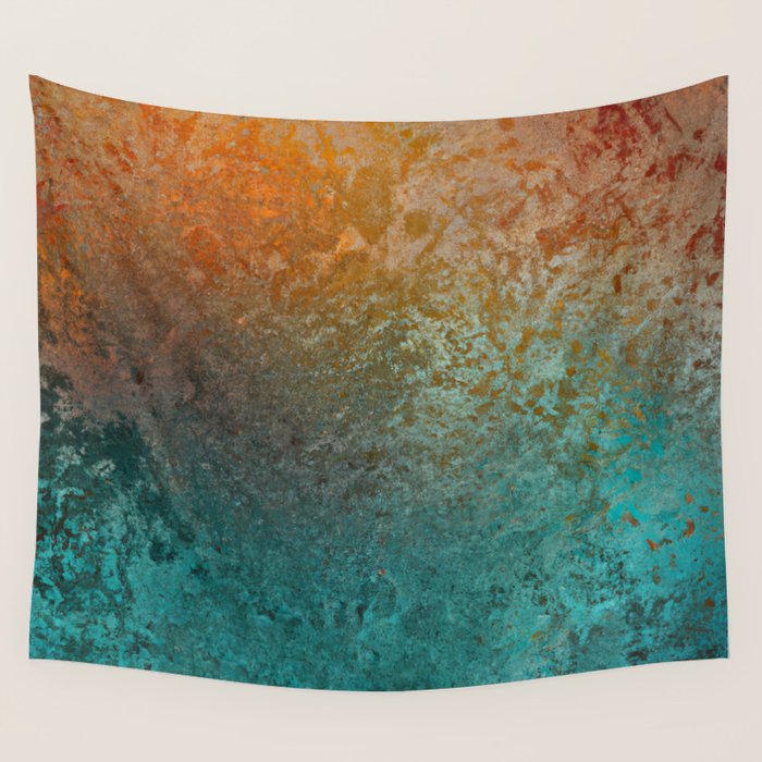 Teal and Copper Rust in Vintage Aesthetic Grunge Wall Tapestry Gallery Image 4