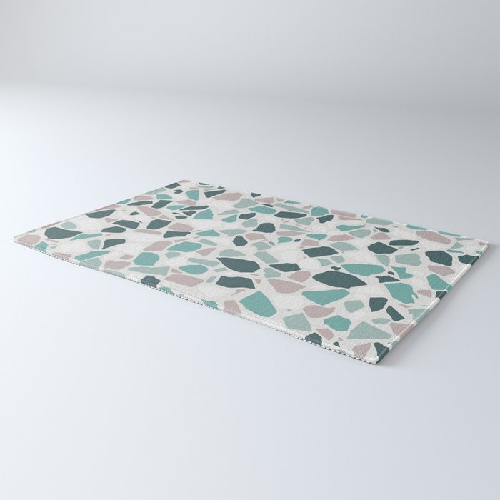 Festive, Terrazzo Mosaic Pattern, Teal, Green, Sage, Dusky Pink Rug Gallery Image 3