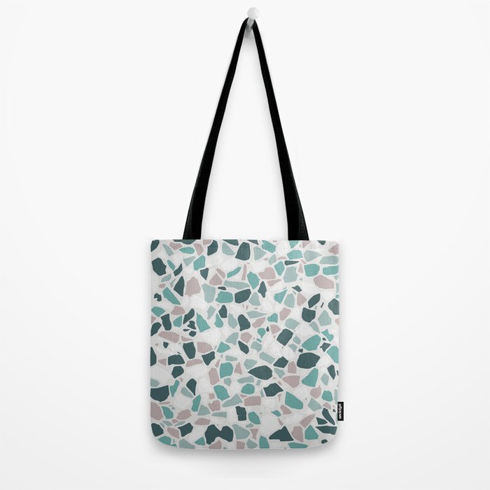 Festive, Terrazzo Mosaic Pattern, Teal, Green, Sage, Dusky Pink Tote Bag Gallery Image 2