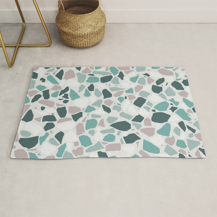 Festive, Terrazzo Mosaic Pattern, Teal, Green, Sage, Dusky Pink Rug Gallery Image 1
