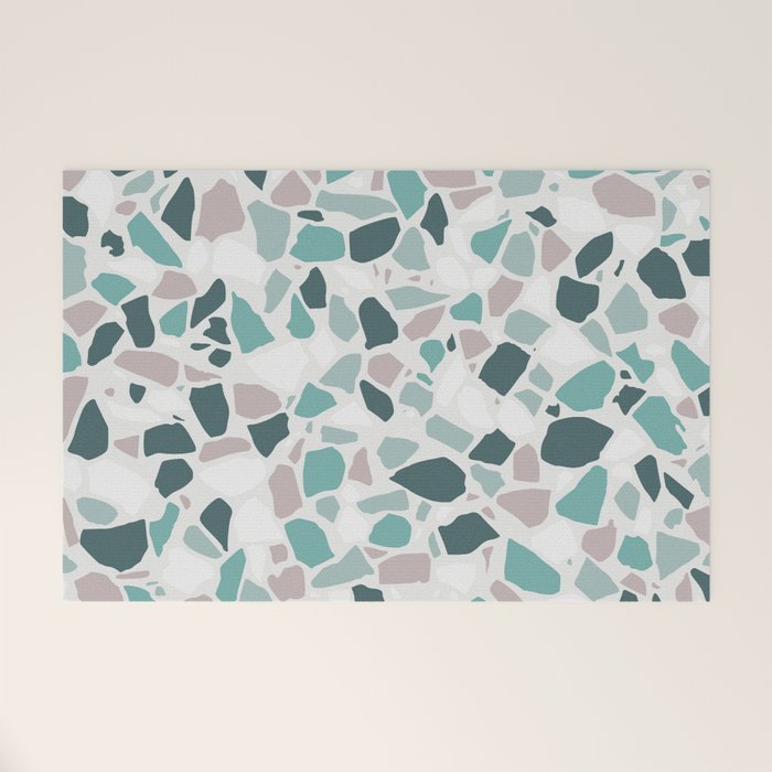 Festive, Terrazzo Mosaic Pattern, Teal, Green, Sage, Dusky Pink Welcome Mat Gallery Image 1
