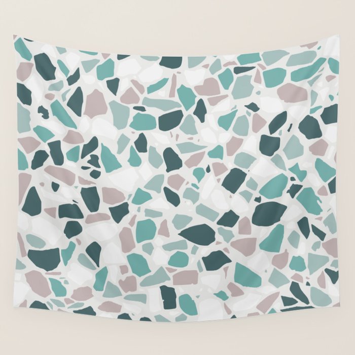 Festive, Terrazzo Mosaic Pattern, Teal, Green, Sage, Dusky Pink Wall Tapestry Gallery Image 1