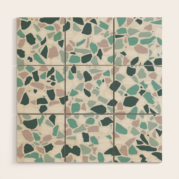 Festive, Terrazzo Mosaic Pattern, Teal, Green, Sage, Dusky Pink Wood Wall Art Gallery Image 1