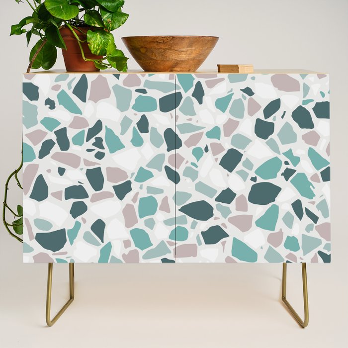 Festive, Terrazzo Mosaic Pattern, Teal, Green, Sage, Dusky Pink Credenza Gallery Image 1