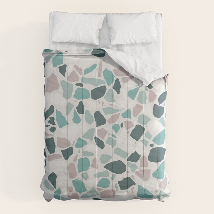 Festive, Terrazzo Mosaic Pattern, Teal, Green, Sage, Dusky Pink Comforter Gallery Image 6