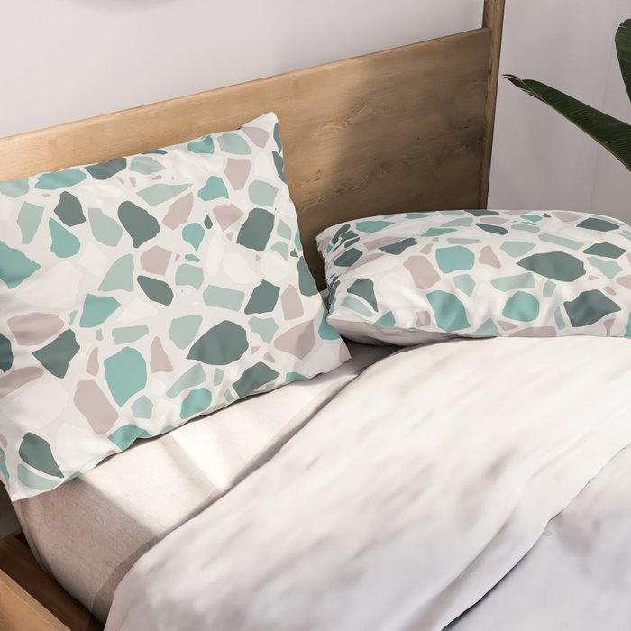 Festive, Terrazzo Mosaic Pattern, Teal, Green, Sage, Dusky Pink Pillow Sham Gallery Image 2