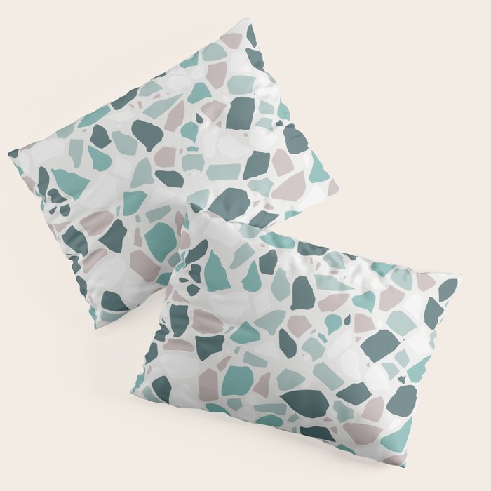 Festive, Terrazzo Mosaic Pattern, Teal, Green, Sage, Dusky Pink Pillow Sham Gallery Image 3