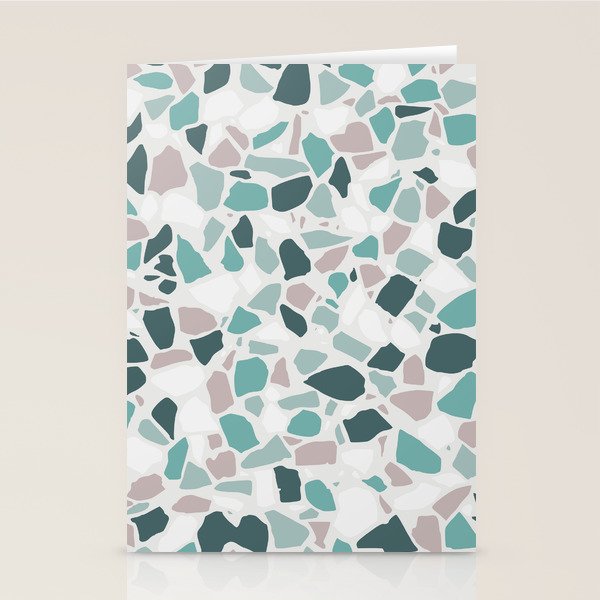 Festive, Terrazzo Mosaic Pattern, Teal, Green, Sage, Dusky Pink Stationery Card Gallery Image 1