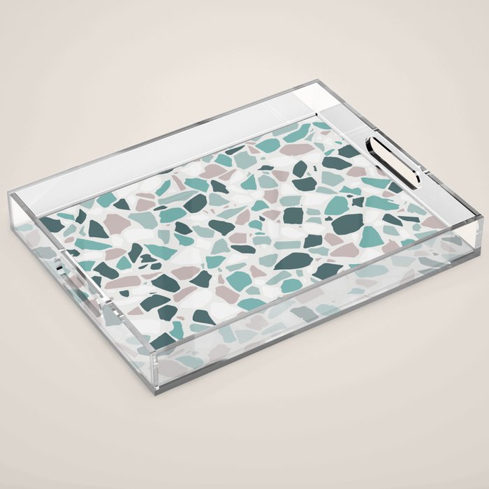 Festive, Terrazzo Mosaic Pattern, Teal, Green, Sage, Dusky Pink Acrylic Tray Gallery Image 1