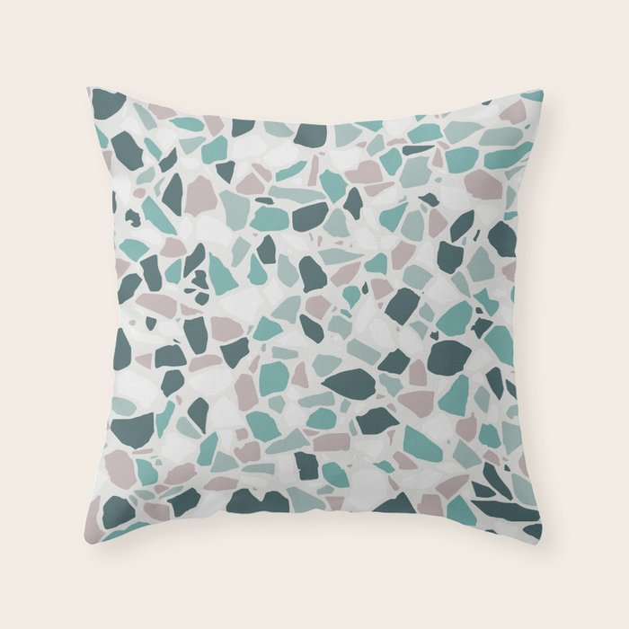 Festive, Terrazzo Mosaic Pattern, Teal, Green, Sage, Dusky Pink Throw Pillow Gallery Image 6