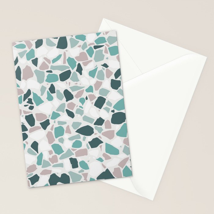 Festive, Terrazzo Mosaic Pattern, Teal, Green, Sage, Dusky Pink Stationery Card Gallery Image 2