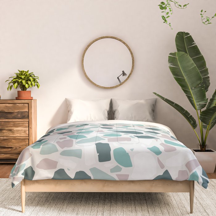 Festive, Terrazzo Mosaic Pattern, Teal, Green, Sage, Dusky Pink Comforter Gallery Image 3