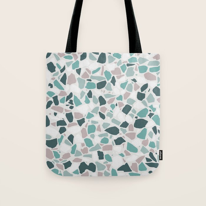 Festive, Terrazzo Mosaic Pattern, Teal, Green, Sage, Dusky Pink Tote Bag Gallery Image 1