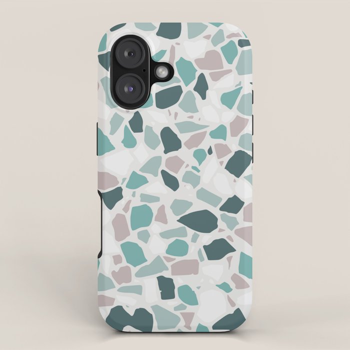 Festive, Terrazzo Mosaic Pattern, Teal, Green, Sage, Dusky Pink iPhone Case Gallery Image 1