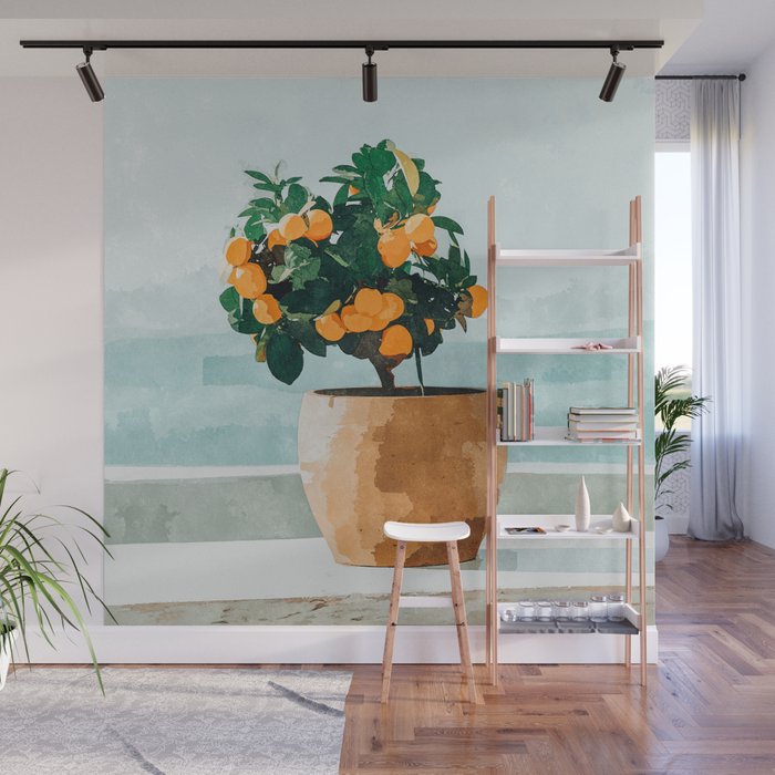 Orange Tree, Plant Pot Nature Botanical Bonsi Illustration, Modern Simple Bohemian Painting Wall Mural Gallery Image 1