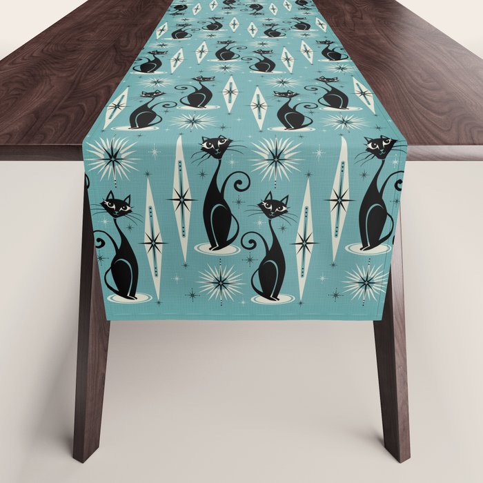 Mid Century Meow Retro Atomic Cats on Blue Table Runner Gallery Image 1