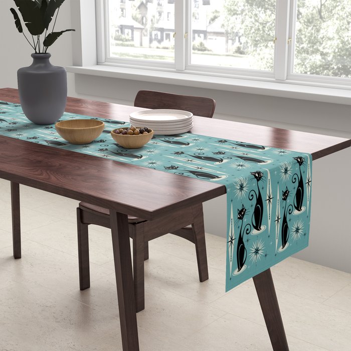 Mid Century Meow Retro Atomic Cats on Blue Table Runner Gallery Image 2