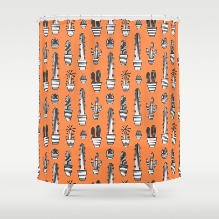 Retro hand drawn cactus plant pattern Shower Curtain Gallery Image 1