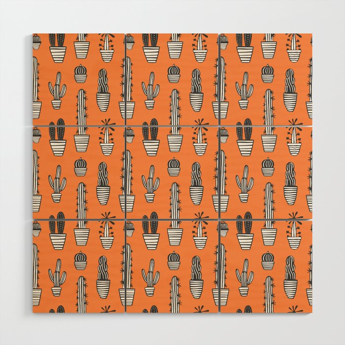 Retro hand drawn cactus plant pattern Wood Wall Art Gallery Image 1
