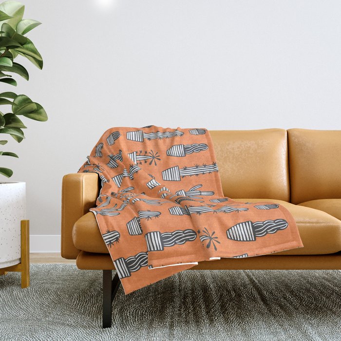 Retro hand drawn cactus plant pattern Throw Blanket Gallery Image 1