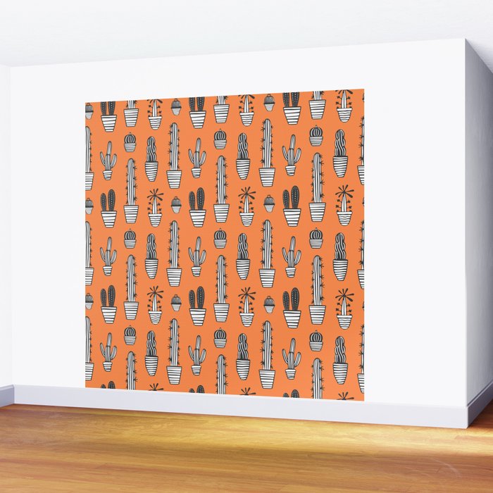Retro hand drawn cactus plant pattern Wall Mural Gallery Image 2