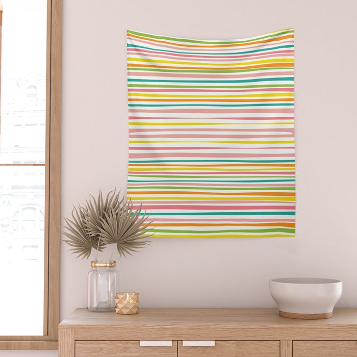 Natural Stripes Pattern Colourful Spring Green Pink Yellow Teal Orange Wall Tapestry Gallery Image 2