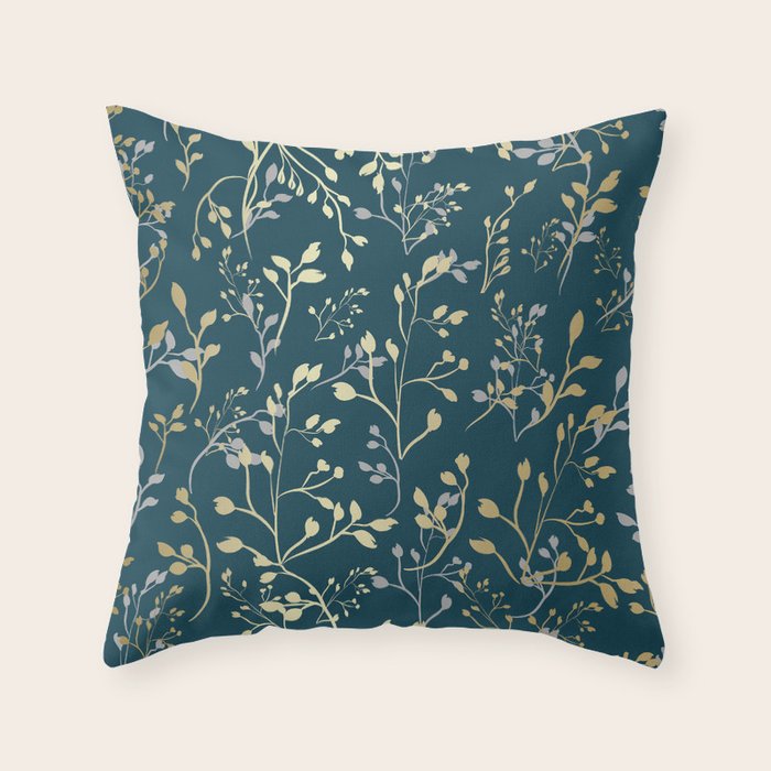 Leaves, Teal and Gold, Floral Artwork Print Throw Pillow Gallery Image 6