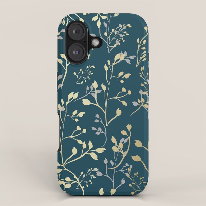 Leaves, Teal and Gold, Floral Artwork Print iPhone Case Gallery Image 1
