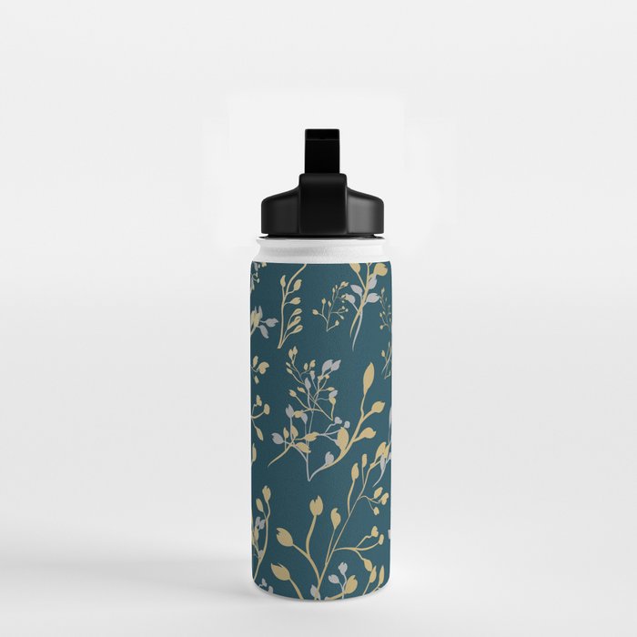 Leaves, Teal and Gold, Floral Artwork Print Water Bottle Gallery Image 2