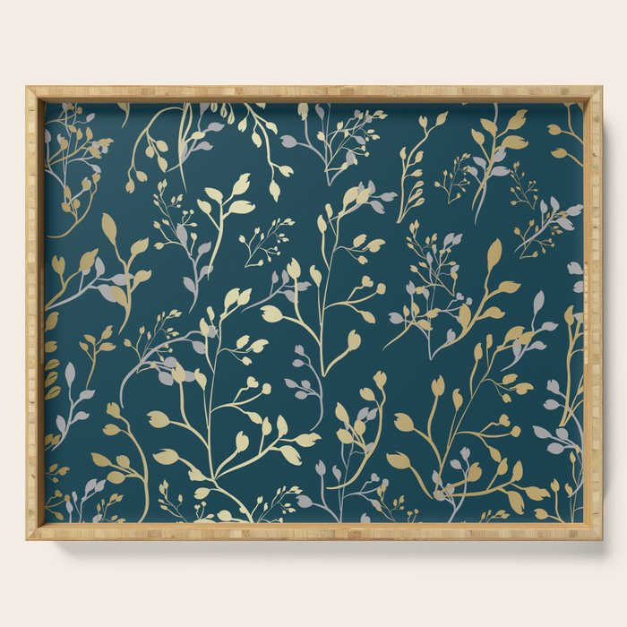 Leaves, Teal and Gold, Floral Artwork Print Serving Tray Gallery Image 1