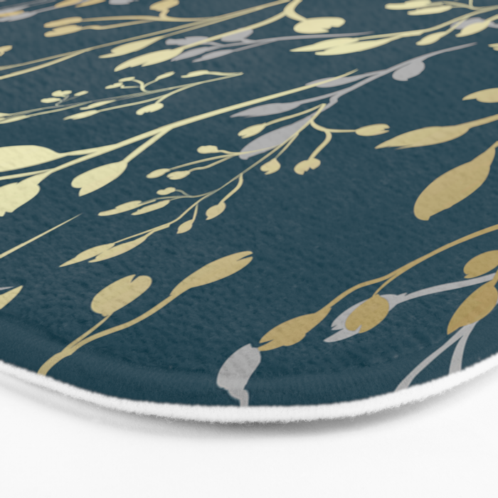 Leaves, Teal and Gold, Floral Artwork Print Bath Mat Gallery Image 3