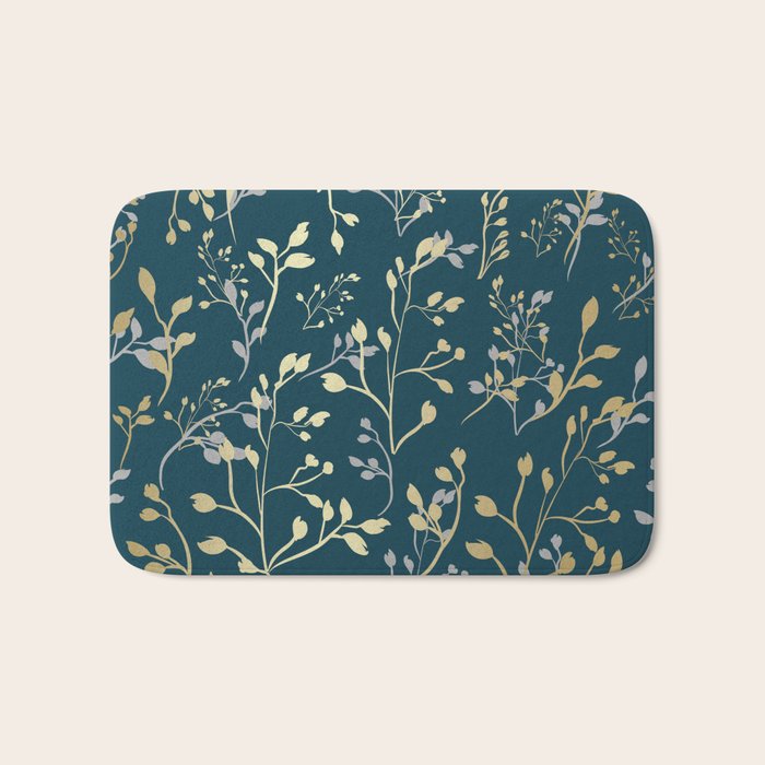 Leaves, Teal and Gold, Floral Artwork Print Bath Mat Gallery Image 1