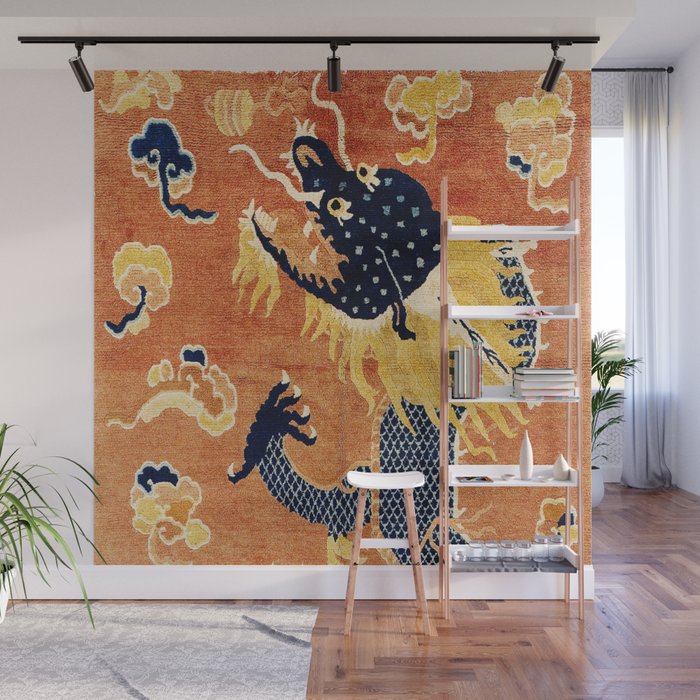 Ningxia Blue Dragon Chinese Pillar Antique Rug Print Wall Mural Gallery Image 1