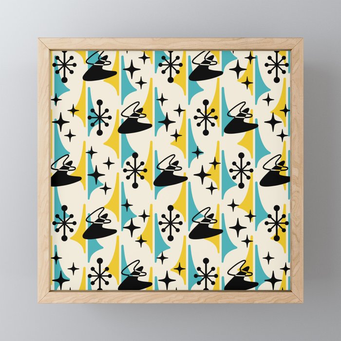 Mid Century Modern Cosmic Boomerang 726 Black Turquoise and Yellow Mini Art Print Gallery Image 1