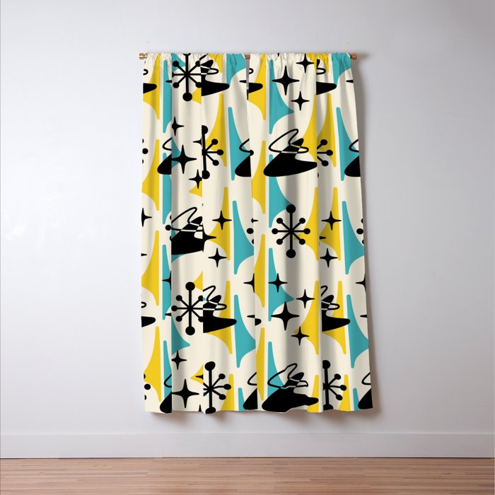 Mid Century Modern Cosmic Boomerang 726 Black Turquoise and Yellow Window Curtain Gallery Image 3
