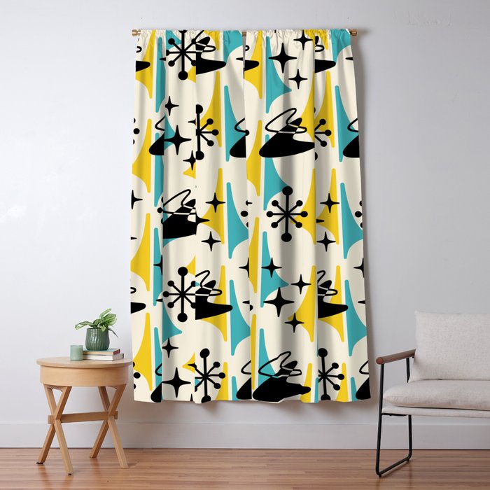 Mid Century Modern Cosmic Boomerang 726 Black Turquoise and Yellow Window Curtain Gallery Image 1