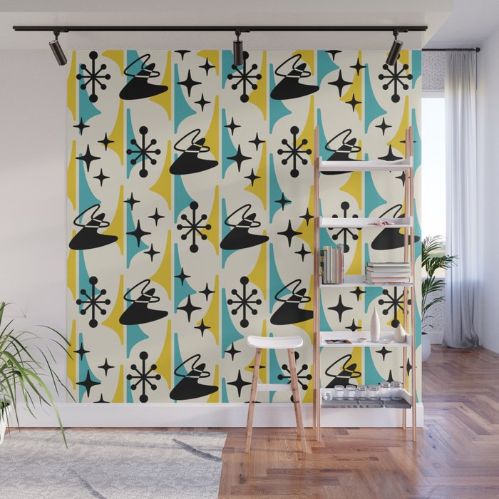Mid Century Modern Cosmic Boomerang 726 Black Turquoise and Yellow Wall Mural Gallery Image 1