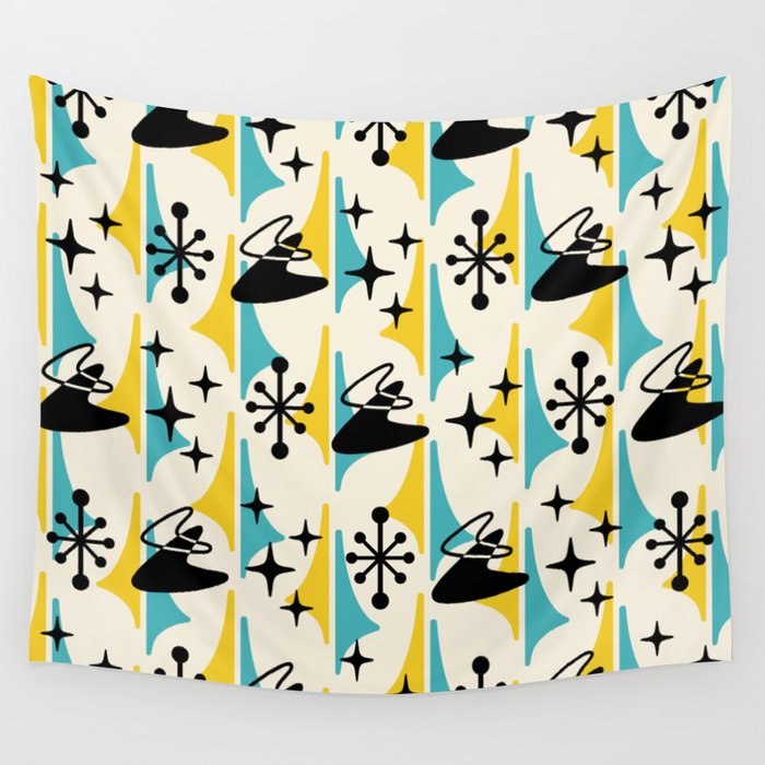 Mid Century Modern Cosmic Boomerang 726 Black Turquoise and Yellow Wall Tapestry Gallery Image 4