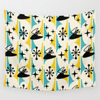 Mid Century Modern Cosmic Boomerang 726 Black Turquoise and Yellow Wall Tapestry Gallery Image 4