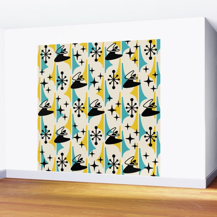 Mid Century Modern Cosmic Boomerang 726 Black Turquoise and Yellow Wall Mural Gallery Image 2