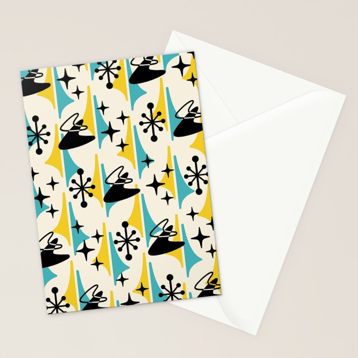 Mid Century Modern Cosmic Boomerang 726 Black Turquoise and Yellow Stationery Card Gallery Image 2