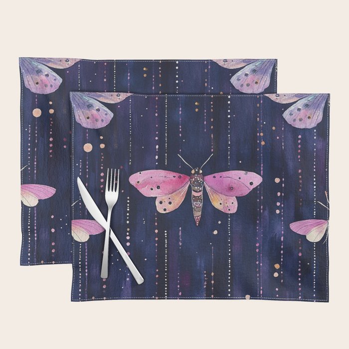 Night Garden Pink Watercolor Moths on Dark Purple All Over Placemat Gallery Image 1